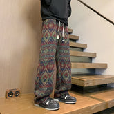 Threebooy Autumn Woolen Pants Men Warm Retro Plaid Knitted Pants Men Japanese Streetwear Loose Straight Pants Mens Vintage Trousers M-3XL
